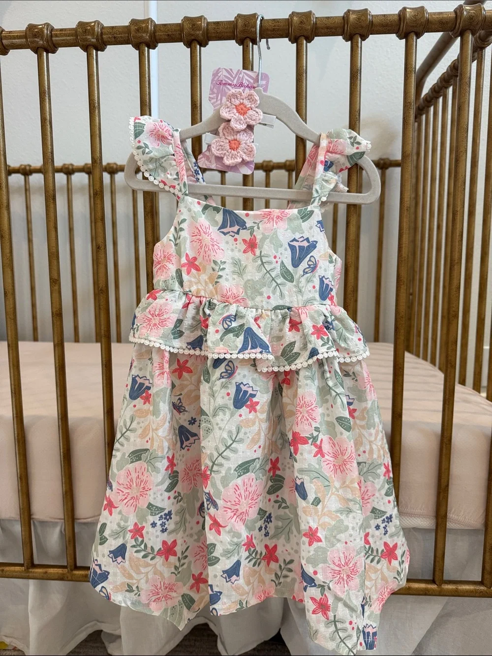 Tommy Bahama Cream Floral Ruffle Sundress with Pink & Blue Accents